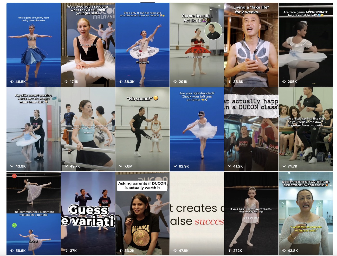 Instagram content grid for Runqiao Du Ballet Coaching